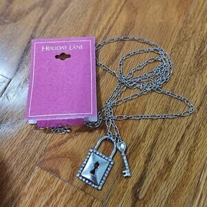 Holiday Lane Long Silver-Tone Crystal Lock And Key Pendant Necklace